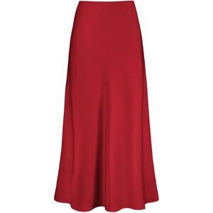 Women's Solid Red Satin Waisted Hidden Elasticized Waistband A Line Maxi Skirt